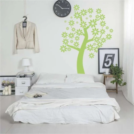 Tree painting template 2380 - Bedroom arrangement with light-colored walls and minimalist furniture.