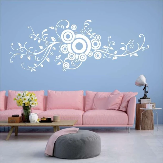 Ornamental branch painting template 2373 - Living room setup with light-colored walls and pink furniture.
