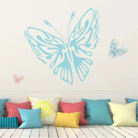 Butterfly painting template 2362 - Living room decor. Light walls with colorful cushions on the sofa.