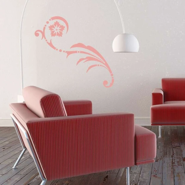 Painting template decoration 2232 - Living room setup. Red furniture on a wooden floor.