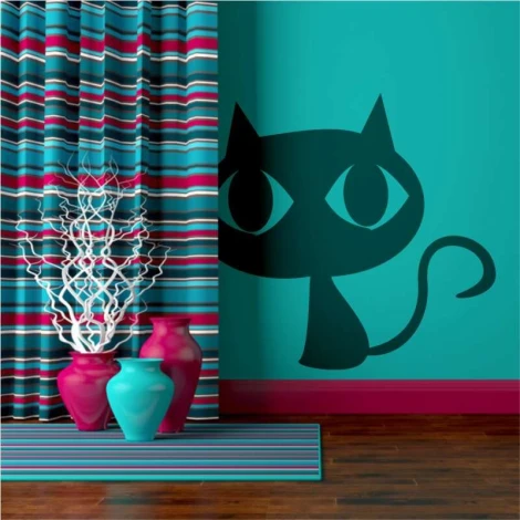 Cat painting template 2366 - Room setup with turquoise walls, striped curtains, and wooden floor.