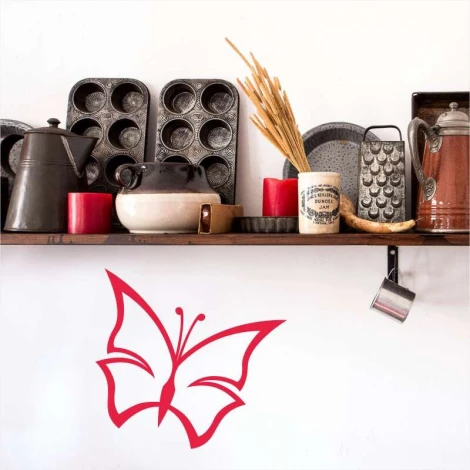 Butterfly painting template 2345 - Kitchen decor with light-colored walls and various dishes on the shelf.