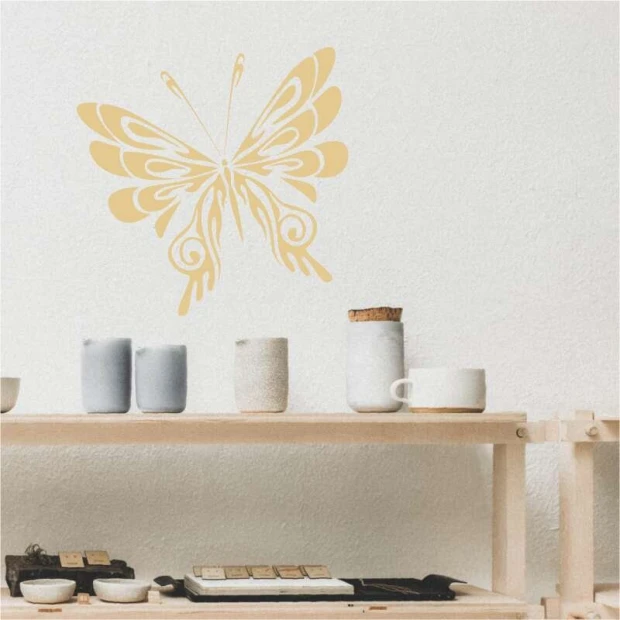 Butterfly painting stencil 2348 - Graphic design with symmetrical wings, wavy lines, and spiral details.