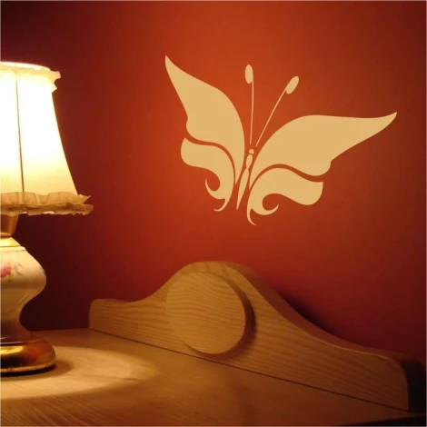 Butterfly painting template 2354 - Bedroom decor. Dark red walls, bedside lamp next to the bed.