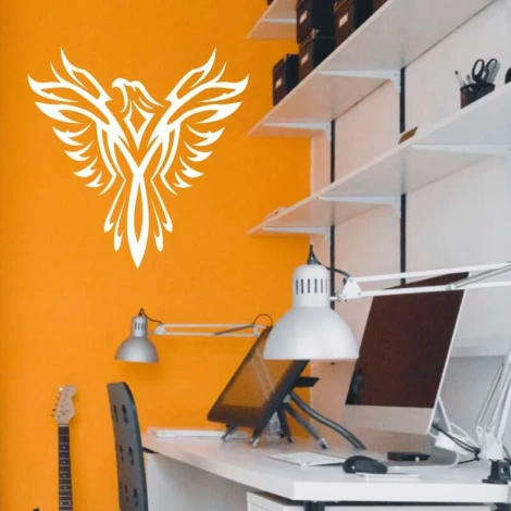 Fiery eagle painting template 2363 - Office setup with orange wall, white furniture, modern style.