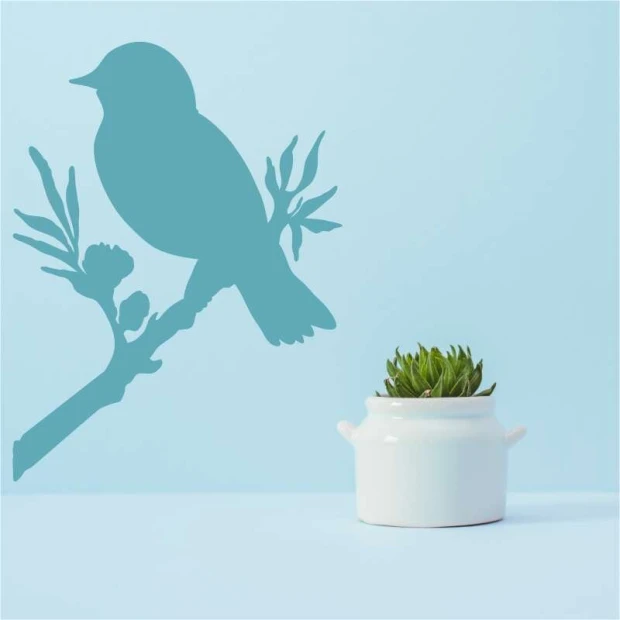 Bird on branch painting template 2372 - Graphic design featuring a bird on a branch with leaves and flowers.
