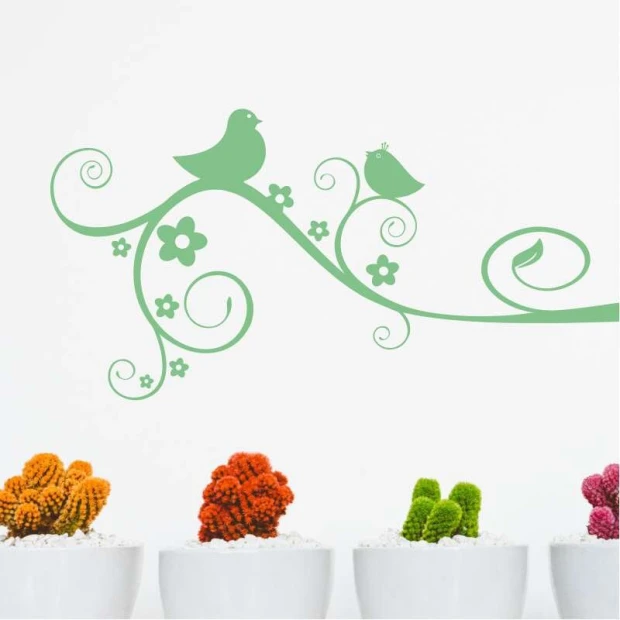 Birds on a branch painting template 2377 - Graphic design featuring two birds, flowers, and spiral lines.