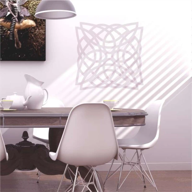 Abstract painting template 2243 - Dining room setup with a round table and white chairs.