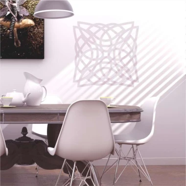 Abstract painting template 2243 - Dining room setup with a round table and white chairs.