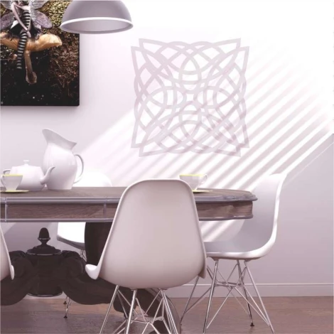 Abstract painting template 2243 - Dining room setup with a round table and white chairs.