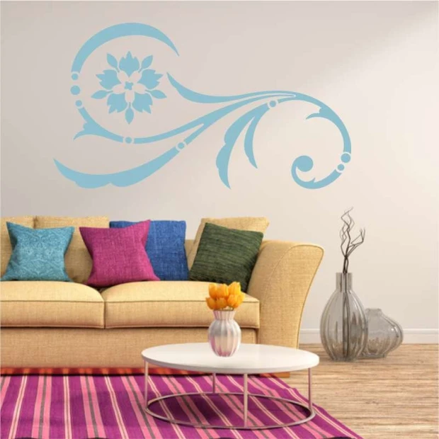 Wall decor template 2221 - Living room arrangement with light walls, sofa, and colorful cushions.