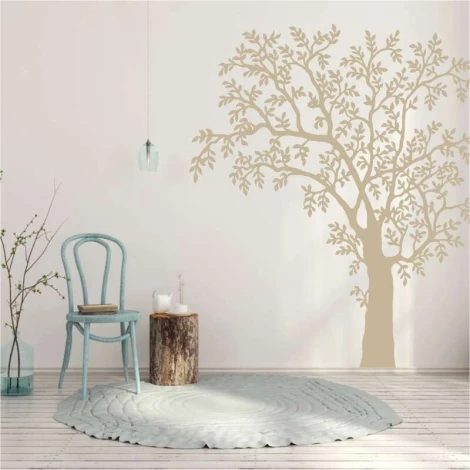 Tree wall stencil 2381 - Living room decor. Light walls, wooden furniture, round rug.