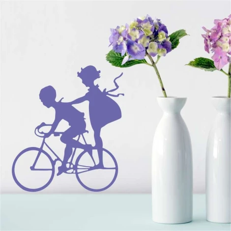 Wall template for kids featuring a child on a bike and a girl with raised arms, design number 2327.