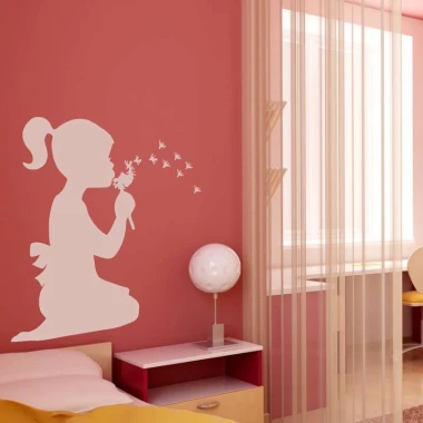 Wall template girl with dandelion 2274 - Decor for a child\'s room. Pink wall with white furniture.