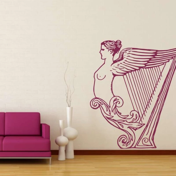 Harp wall template 2256 - Living room decor with light-colored walls and purple furniture.