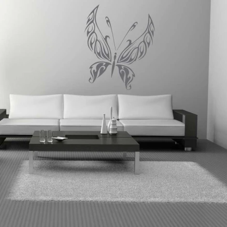 Butterfly wall template 2356 - Living room decor. Gray walls, light sofa, dark table.