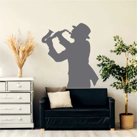 Jazz musician wall template 2260 - Living room arrangement with light walls, dark furniture, and plants.