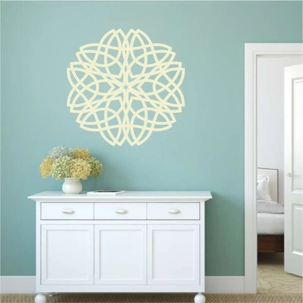 Abstract wall decor template 2236 - Living room design with blue walls and white furniture.