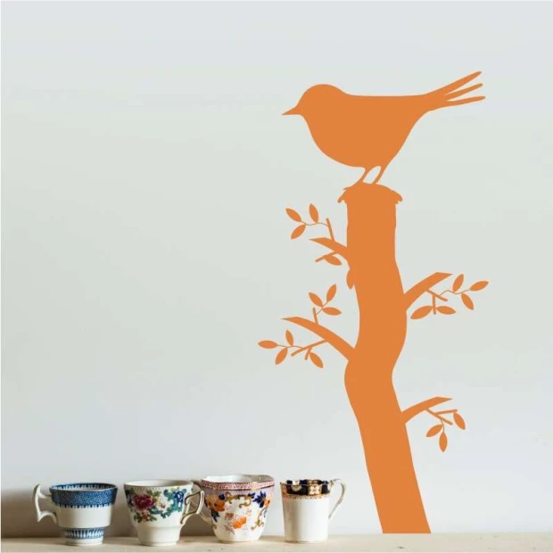 Wall template bird on tree 2371 - Graphic design. Bird on branch with leaves, simple shapes and lines.
