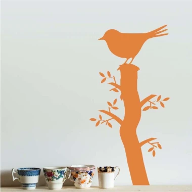 Wall template bird on tree 2371 - Graphic design. Bird on branch with leaves, simple shapes and lines.