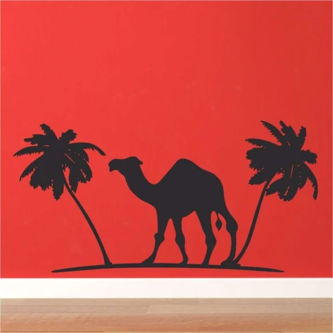 Wall template camel palms 2341 - Graphic design featuring a camel between two palms against a backdrop.