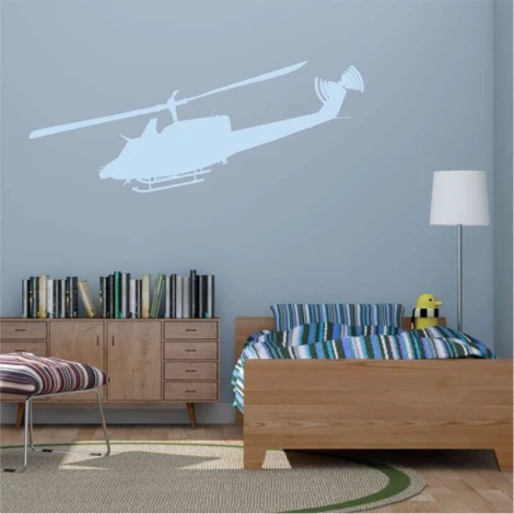 Military helicopter painting stencil 2303 - Bedroom setup with light-colored walls and natural-toned furniture.