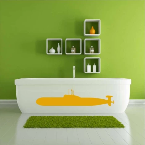 Submarine painting template 2306 - Bathroom setup with green walls, white furniture, and simple shelves.