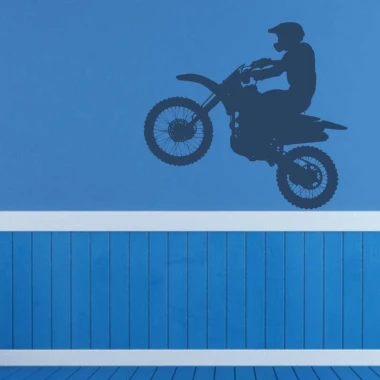 Motocross painting stencil 2312 - Decor in a child\'s room. Blue walls with a white stripe.