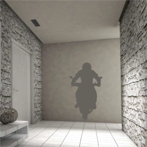 Motorcycle stencil for painting 2308 - Entryway design. Gray-beige walls, light-colored floor.