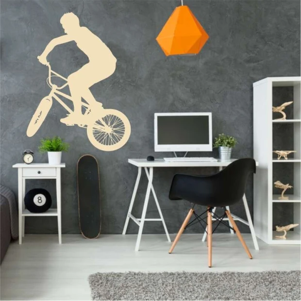 BMX 2321 painting template - Youth room setup with gray walls, white furniture, and an orange lantern.