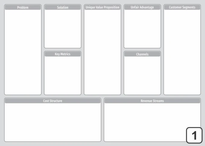 Lean canvas dry-erase board 099 - Graphic design. Simple grid with fillable fields and numbers.