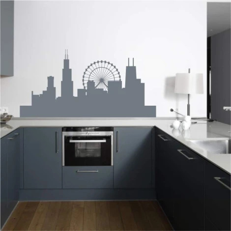 City skyline painting template 2286 - Kitchen decor. Simple design featuring building silhouettes and a Ferris wheel.