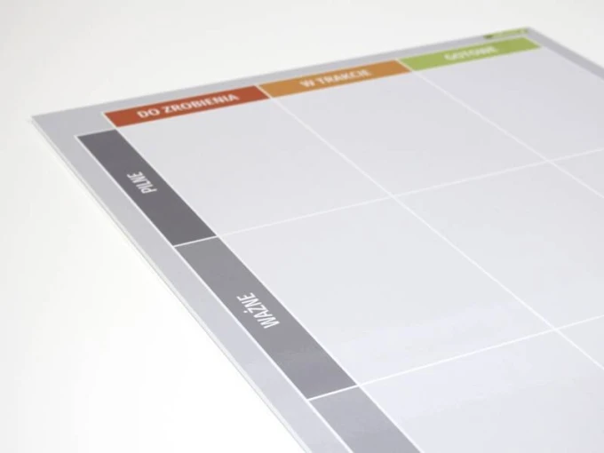 Lean dry-erase kanban board 096 - Graphic design with rectangular fields and labels in gray and orange colors.