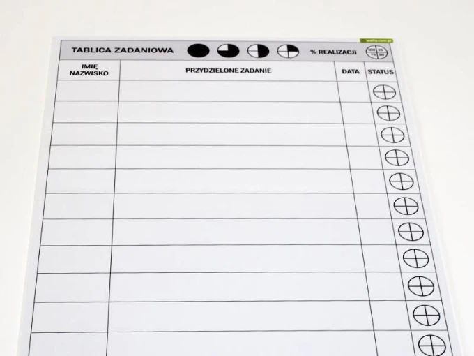 White dry-erase magnetic board for task assignment with grid and round design. Simple and functional.