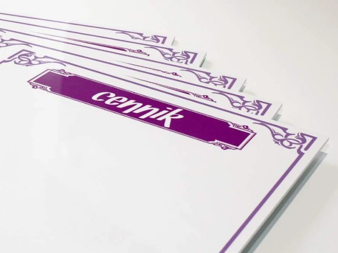 Elegant dry-erase board 035 with purple price list text, perfect for the office or modern space.