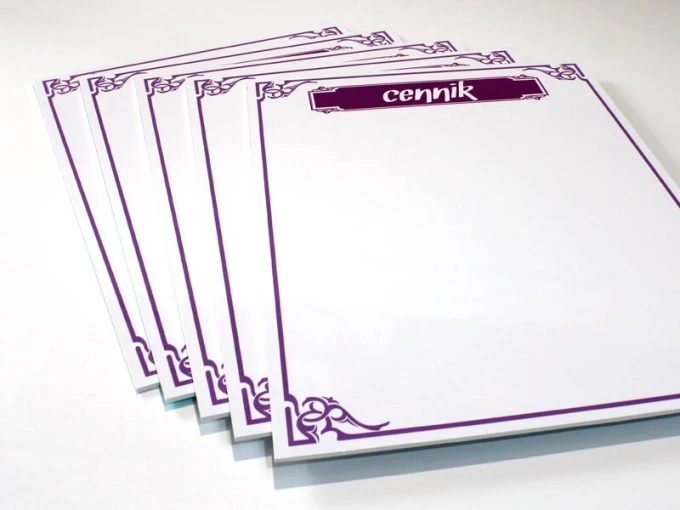 Magnetic whiteboard 035 price list - Simple design with purple frames and \'price list\' text at the top.