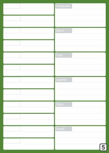 Dry-erase meeting planner with weekly calendar 265 - Graphic design. Green background with white rectangles for days.