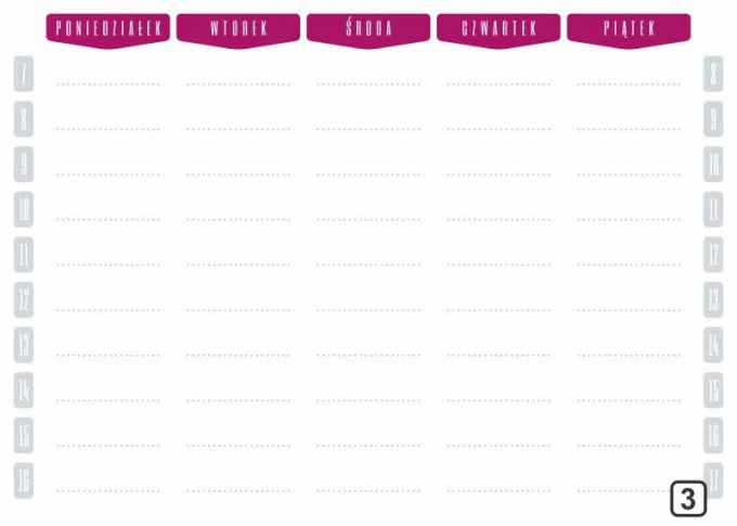 Weekly dry-erase planner with hours 264 - Graphic design. Simple layout with days of the week and hours, blank lines.