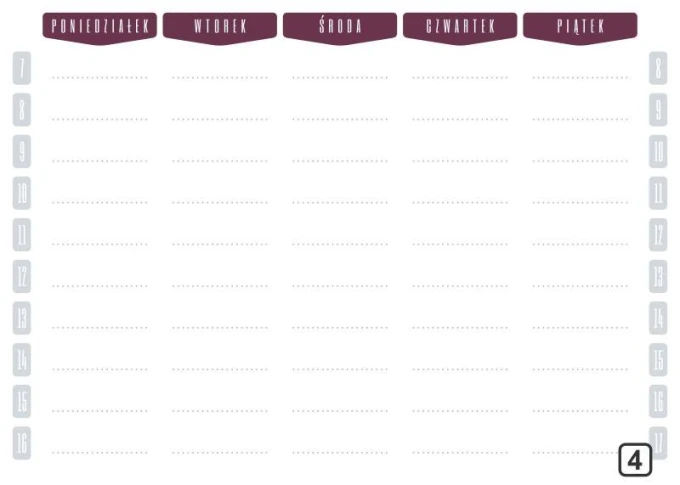 Weekly dry-erase planner with hours 264 - Graphic design. Simple grid with days of the week and hours, in color.