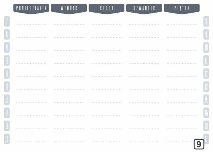 Weekly dry-erase planner with hours 264 - Graphic design. Simple grid with times and days of the week. Blank lines.