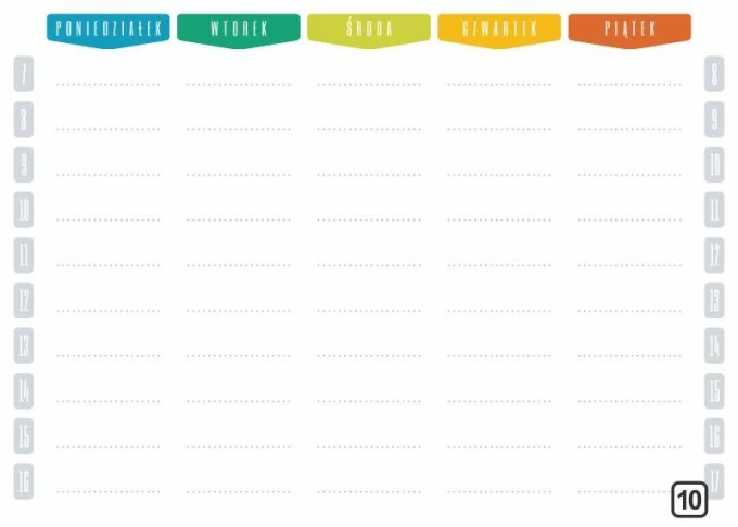 Weekly dry-erase planner with hours 264 - Graphic design. Simple grid with days of the week and hours, colorful.