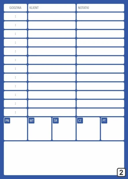 Dry-erase client meeting planner 266 - Graphic design. Simple layout with rectangles for data and days of the week.