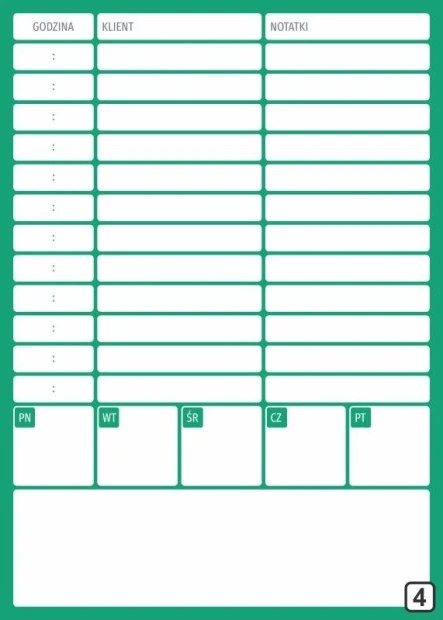Dry-erase client meeting planner 266 - Graphic design. Green background with white rectangles and writing lines.