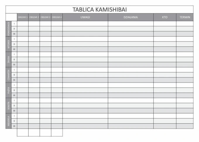 Kamishibai Lean 104 dry-erase magnetic board - graphic design with a simple grid of rectangles and lines, space for notes.