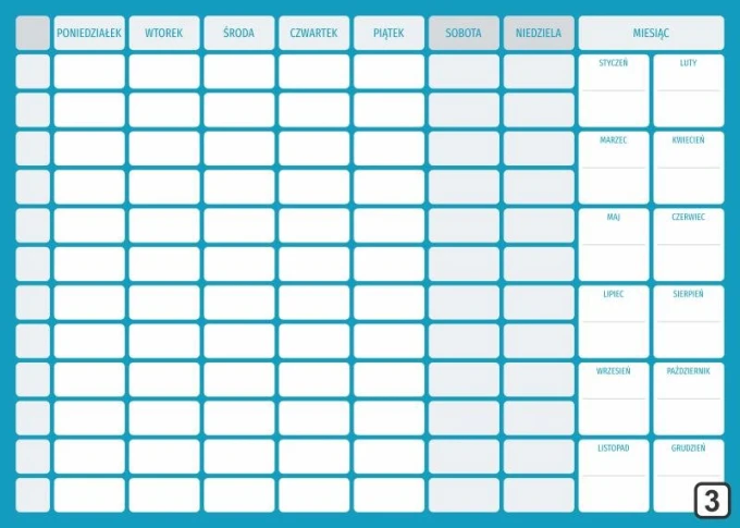 Weekly dry-erase planner with annual planner 267 - Graphic design. Simple layout with rectangular fields for days.