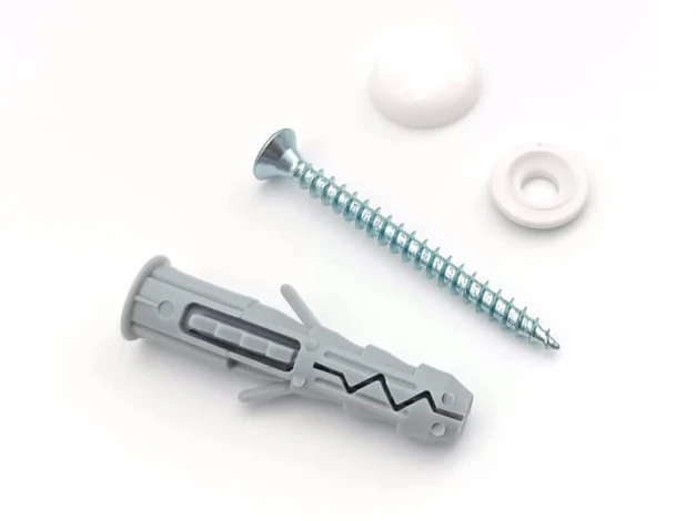 Mounting system for concrete-brick - Graphic design. Gray and white elements, screw and cover.