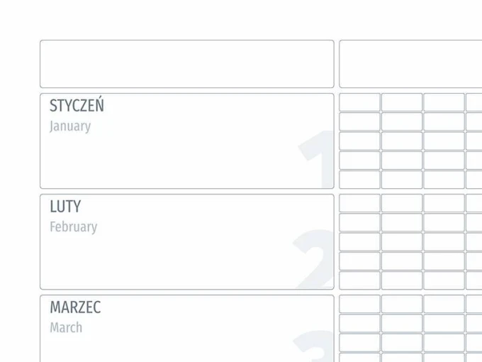 Universal yearly whiteboard calendar 270 - Simple layout with month names and blank fields.