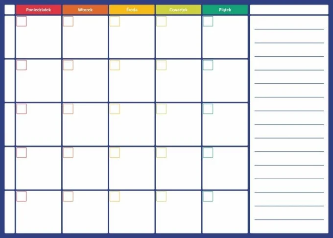 Weekly dry-erase planner board 269 - Graphic design. Simple grid with days of the week and colorful headers.