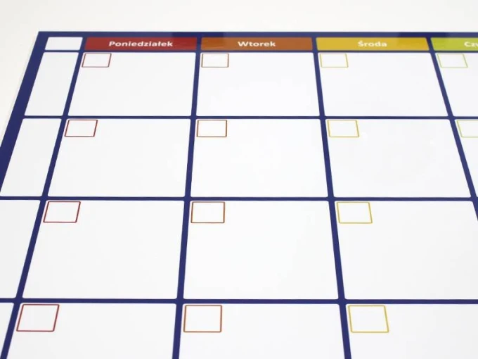 Weekly dry-erase planner board 269 - Graphic design. Simple grid with fields for days of the week and blank spaces.