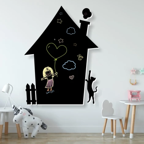 Chalkboard house 214 - Features a house shape with a drawing of a girl, balloon, and animals.